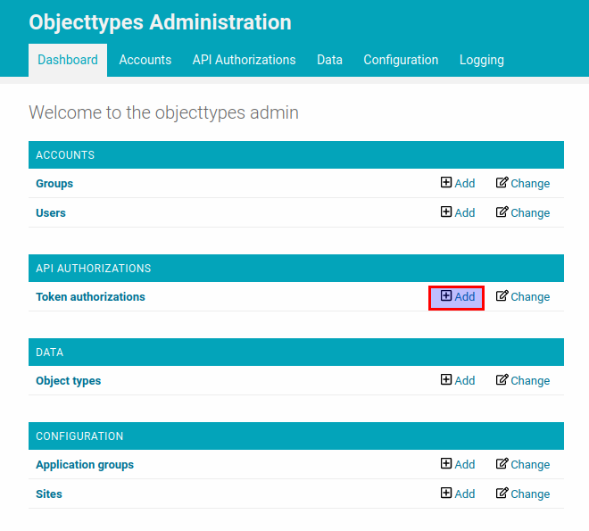 Click on the "add" button for "Token authorizations"